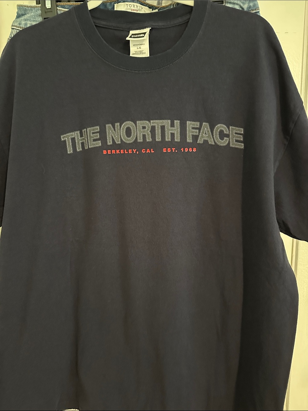 The North Face Men's Dark Navy Crewneck Tee with Gray Logo and Red Accent